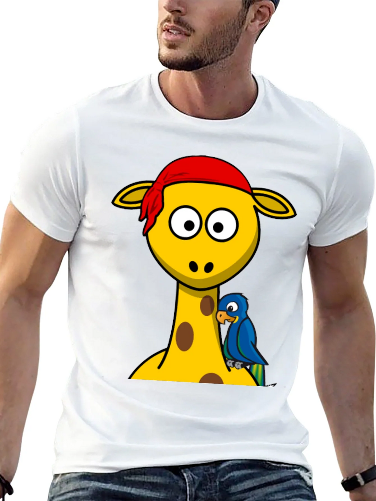 Giraffe Pirate Parrot Graphic Tee - Black Cotton T-Shirt product image 4