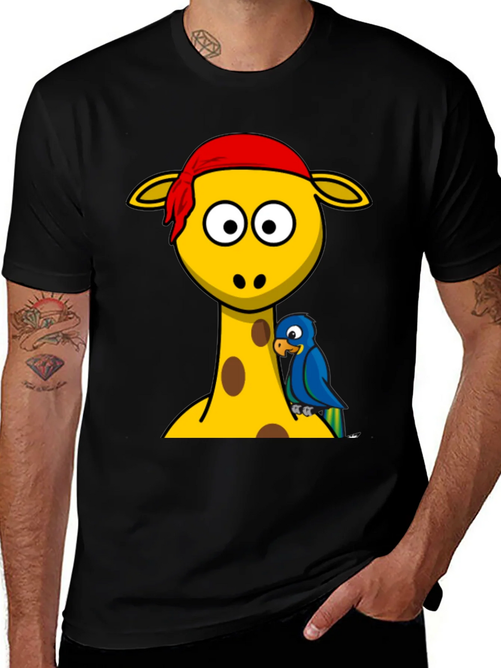 Giraffe Pirate Parrot Graphic Tee - Black Cotton T-Shirt product image 1