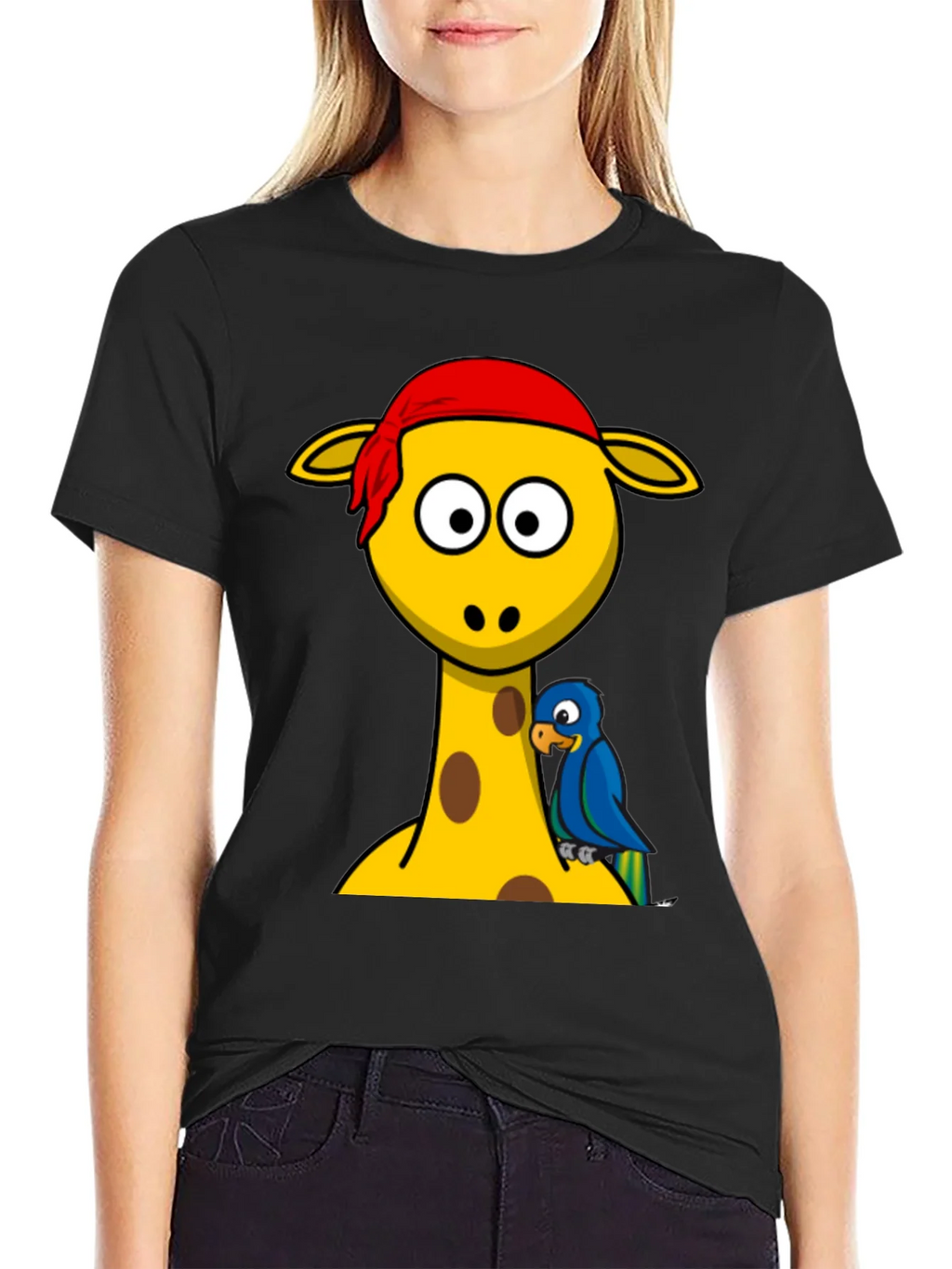 Giraffe Pirate Parrot Graphic Tee - Black Cotton T-Shirt product image 5