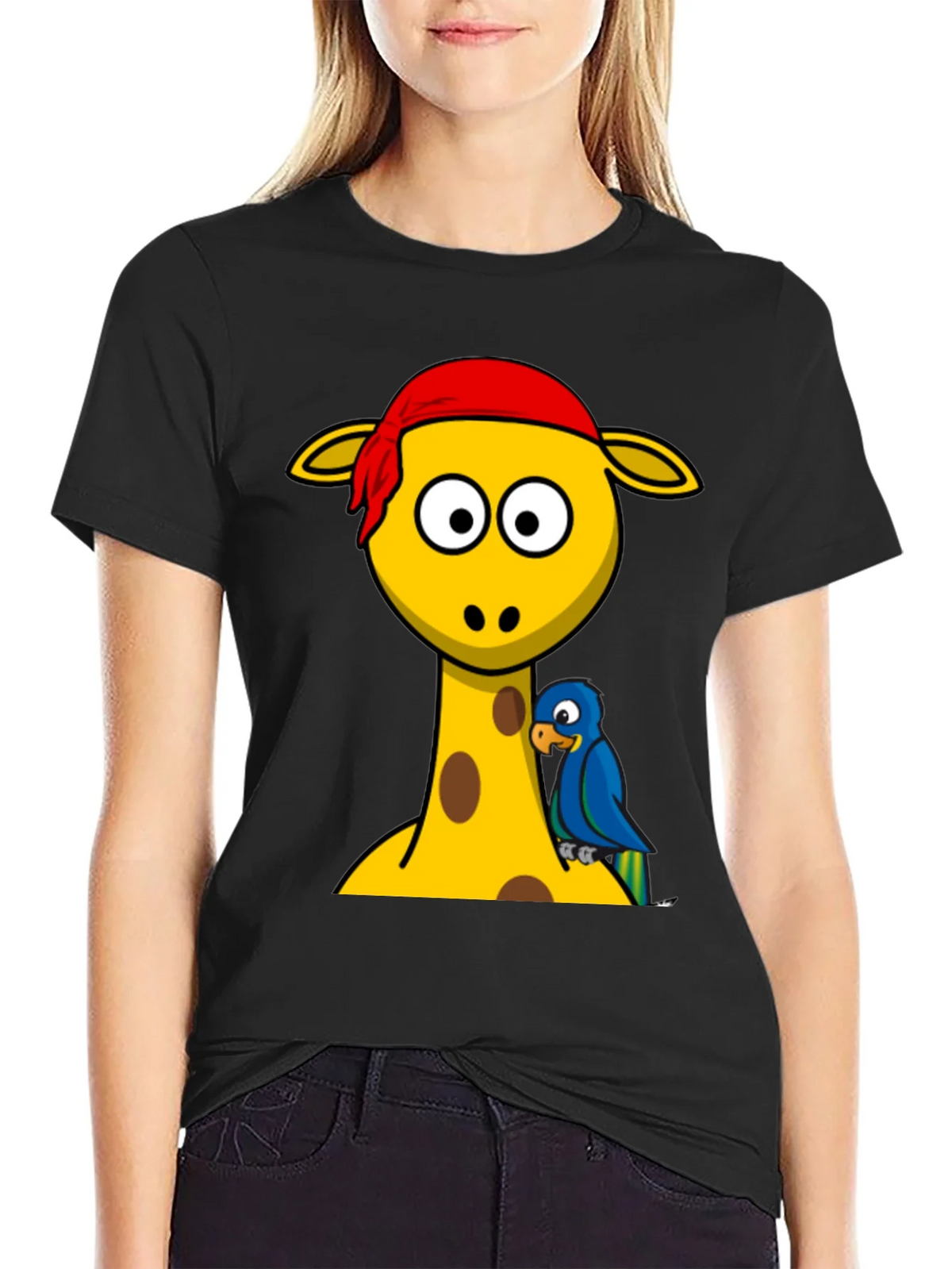 Giraffe Pirate Parrot Graphic Tee - Black Cotton T-Shirt product image 5