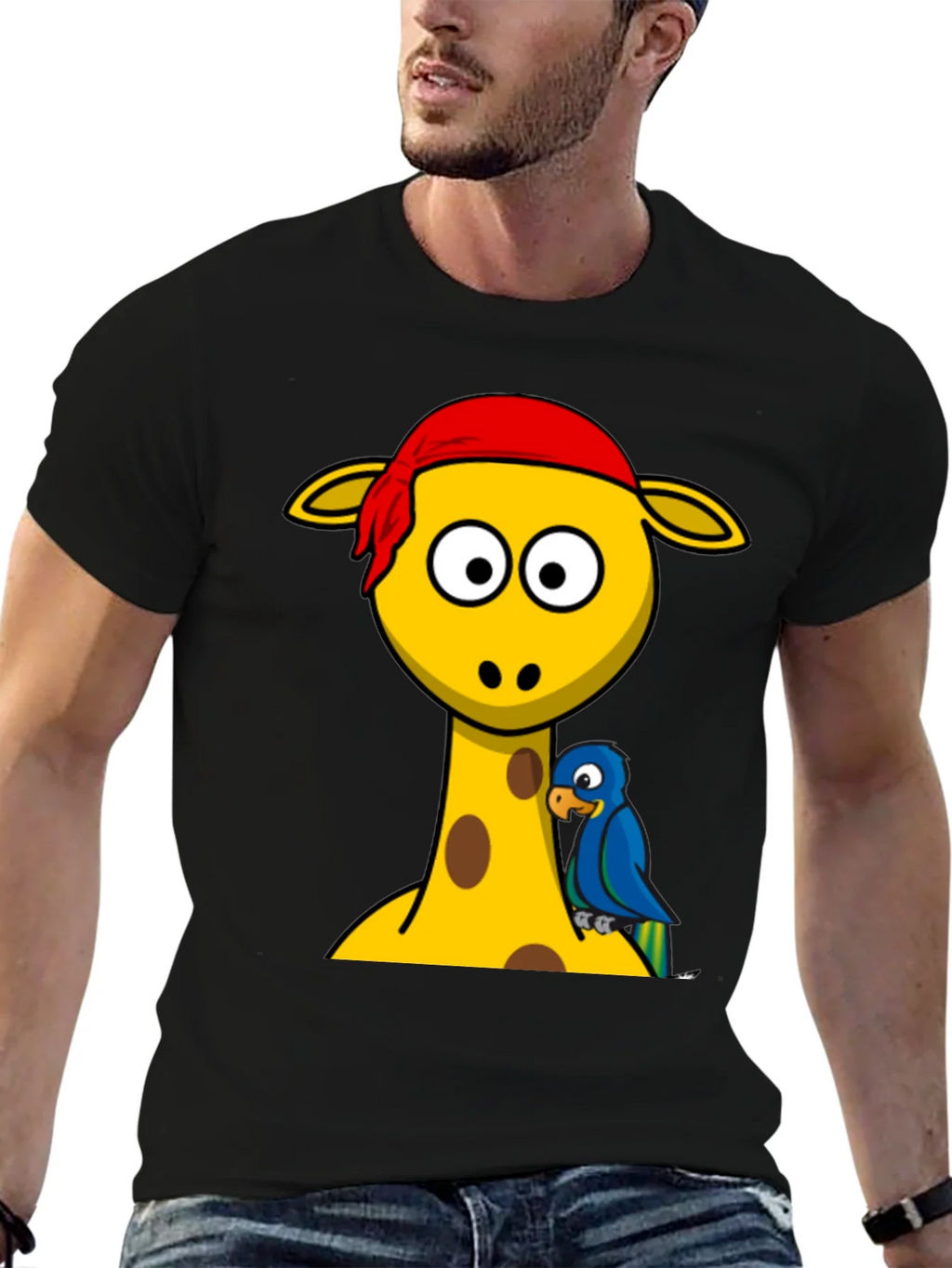 Giraffe Pirate Parrot Graphic Tee - Black Cotton T-Shirt product image 8