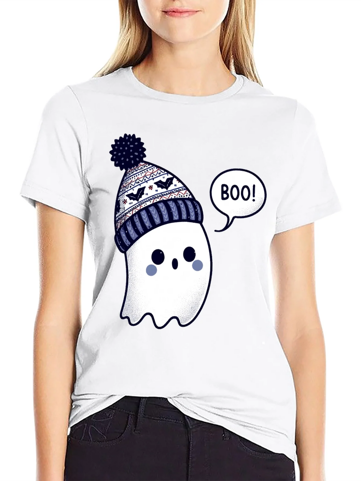 Cute Ghost in Beanie T-Shirt - Halloween Style