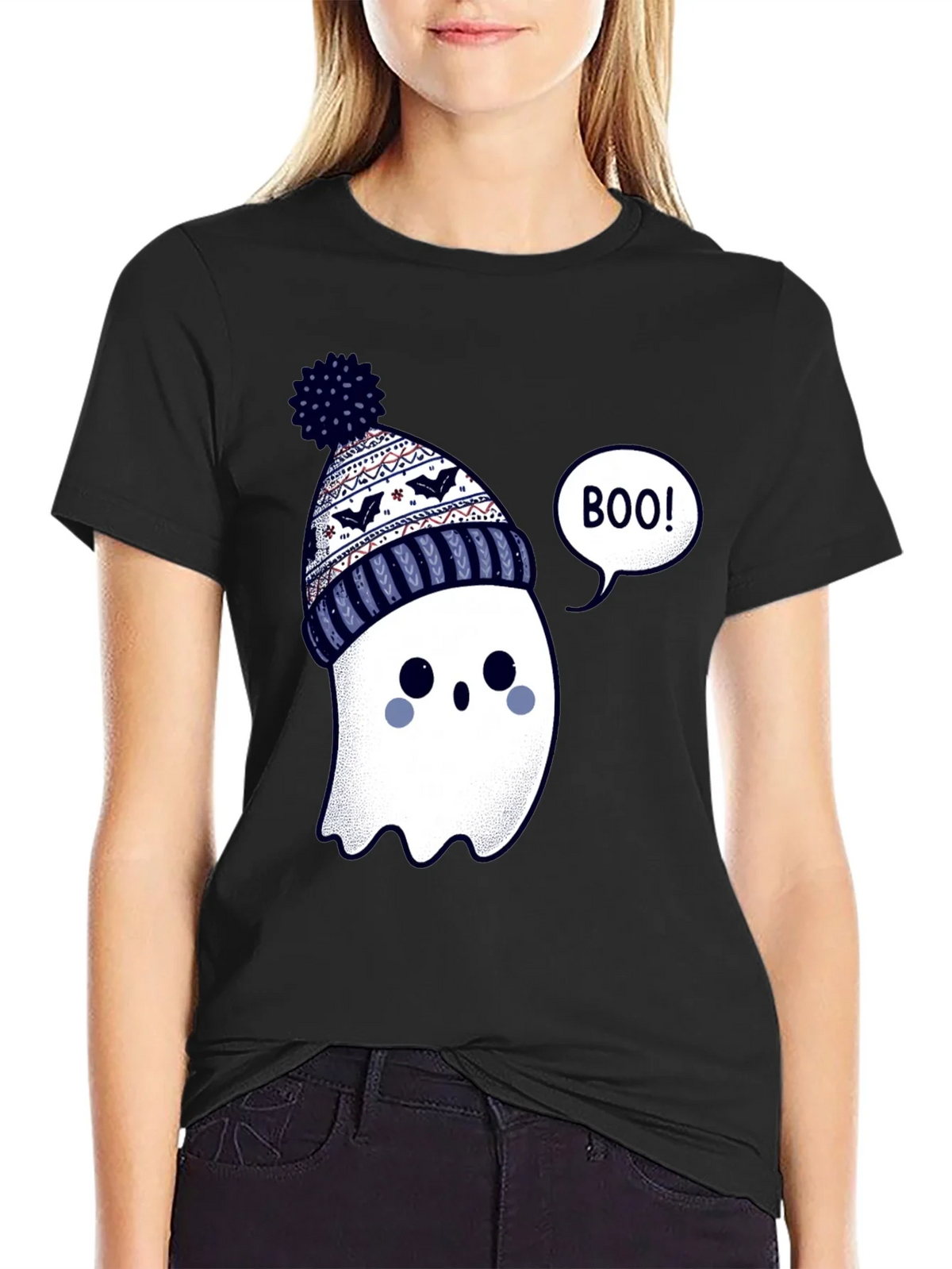 Cute Ghost in Beanie T-Shirt - Halloween Style