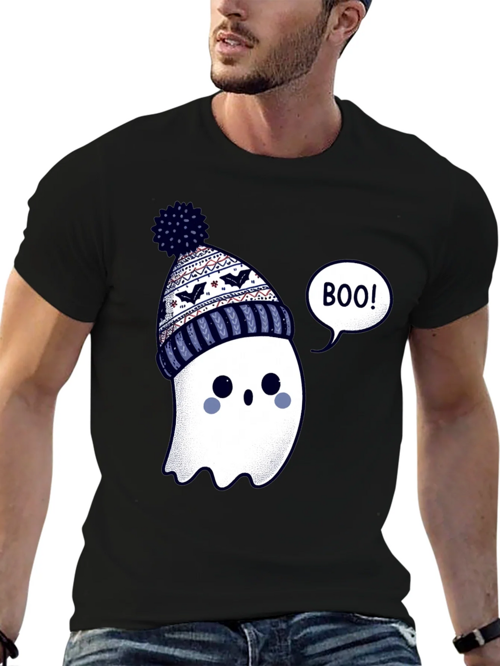 Cute Ghost in Beanie T-Shirt - Halloween Style