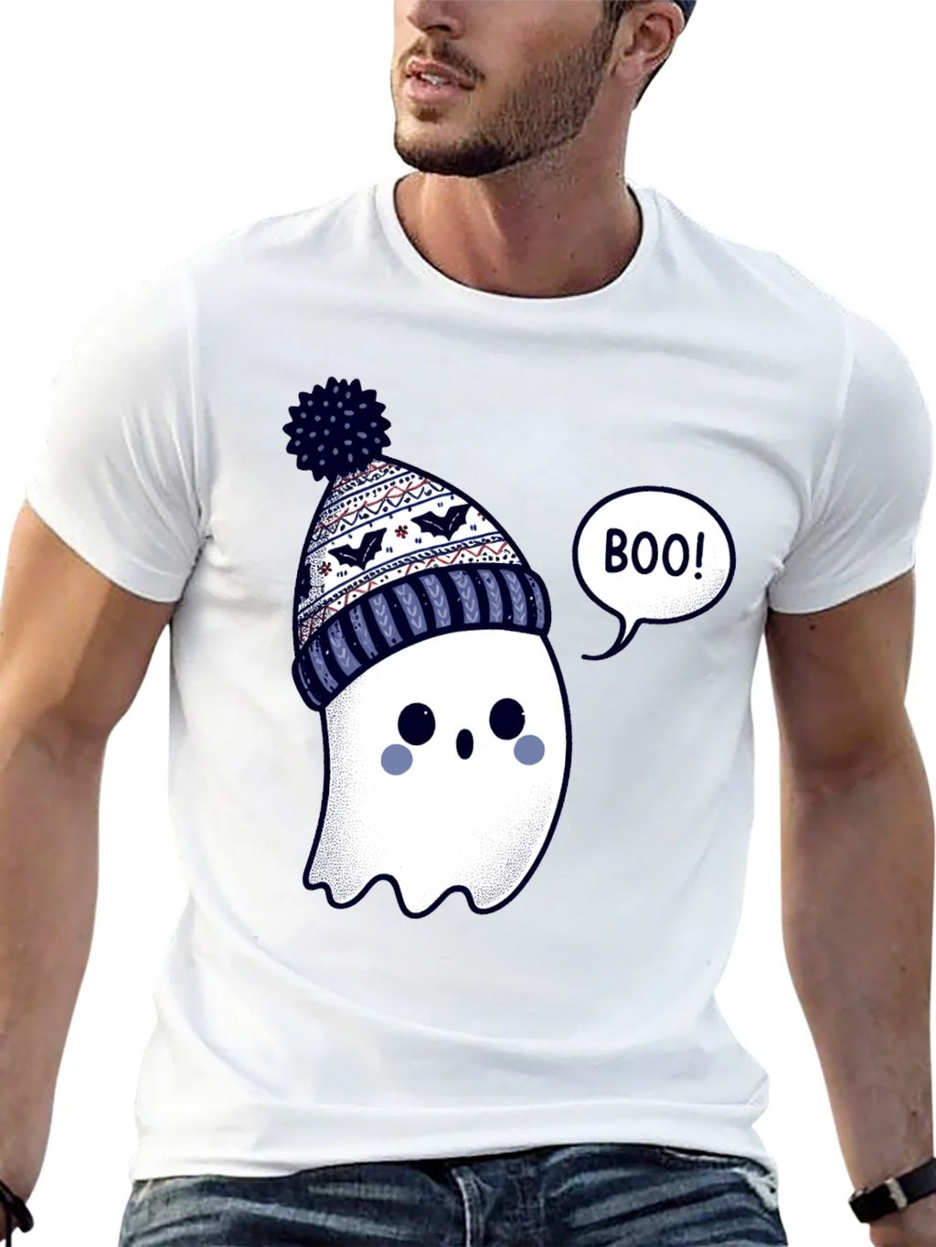 Cute Ghost in Beanie T-Shirt - Halloween Style