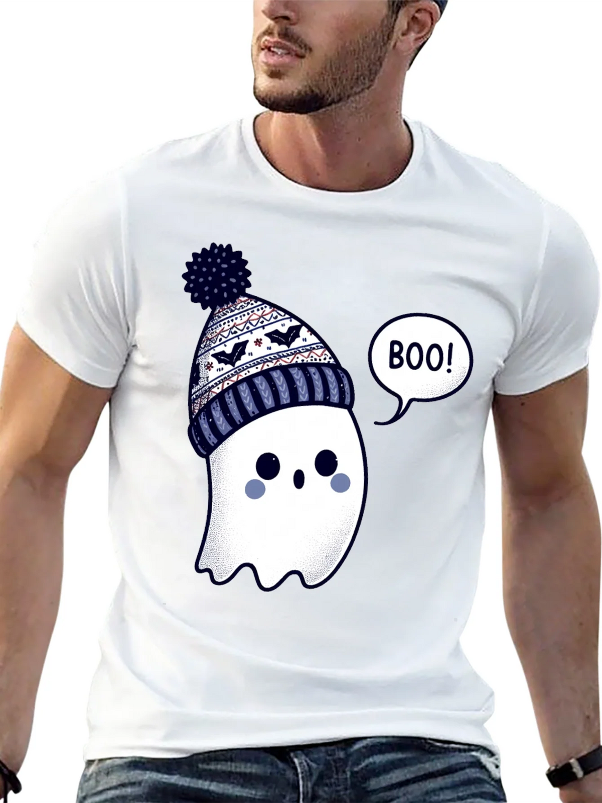 Cute Ghost in Beanie T-Shirt - Halloween Style