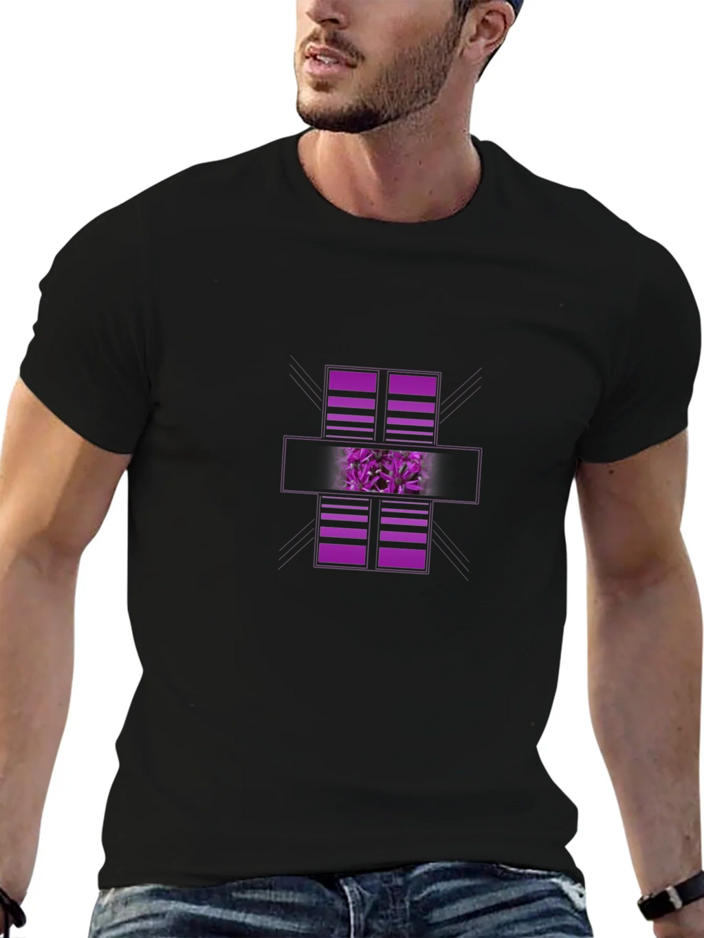Modern Graphic Black T-Shirt with Purple Abstract Design product image 9
