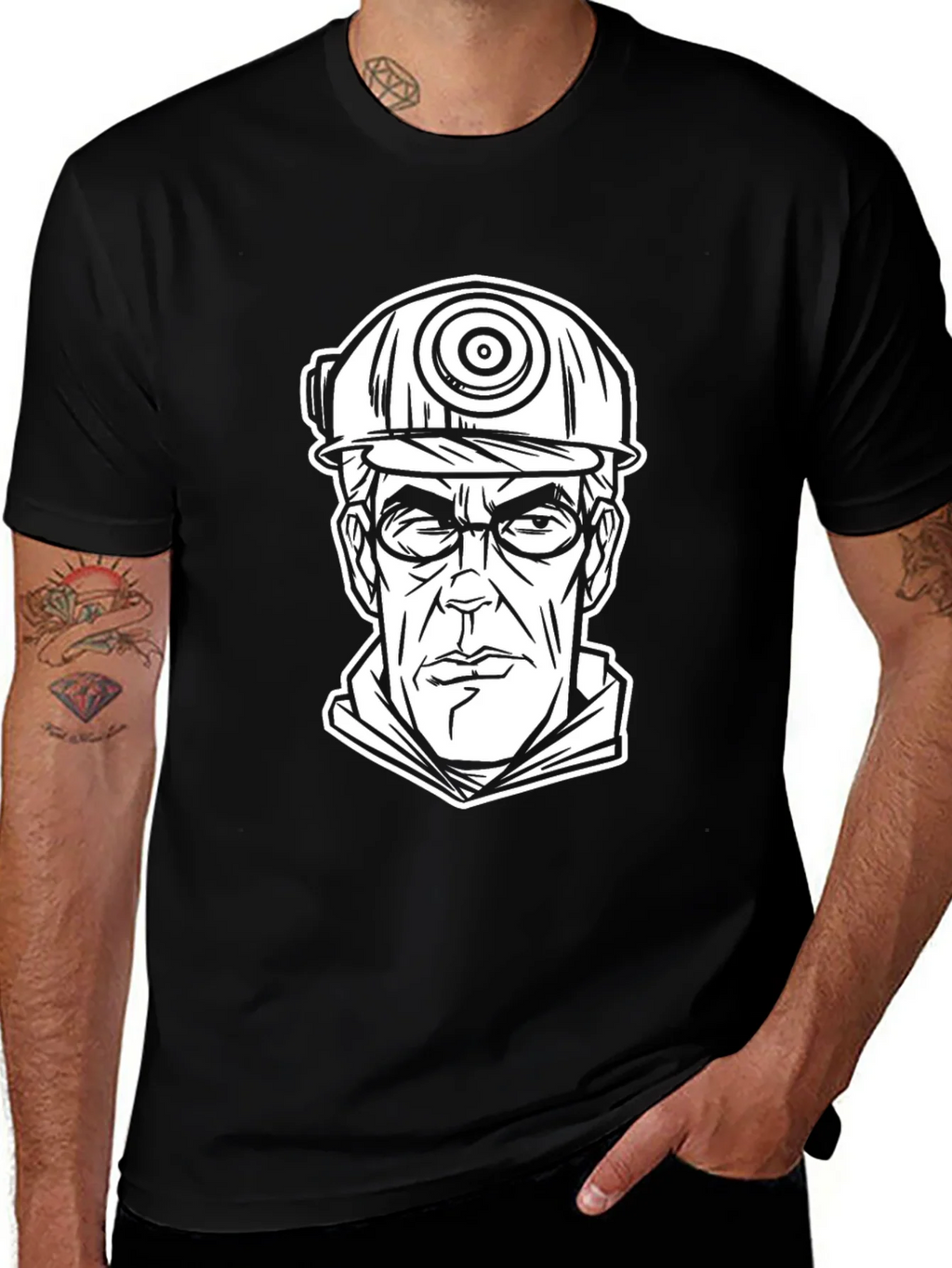 Cartoon Miner Graphic Tee - Black Cotton T-Shirt product image 1