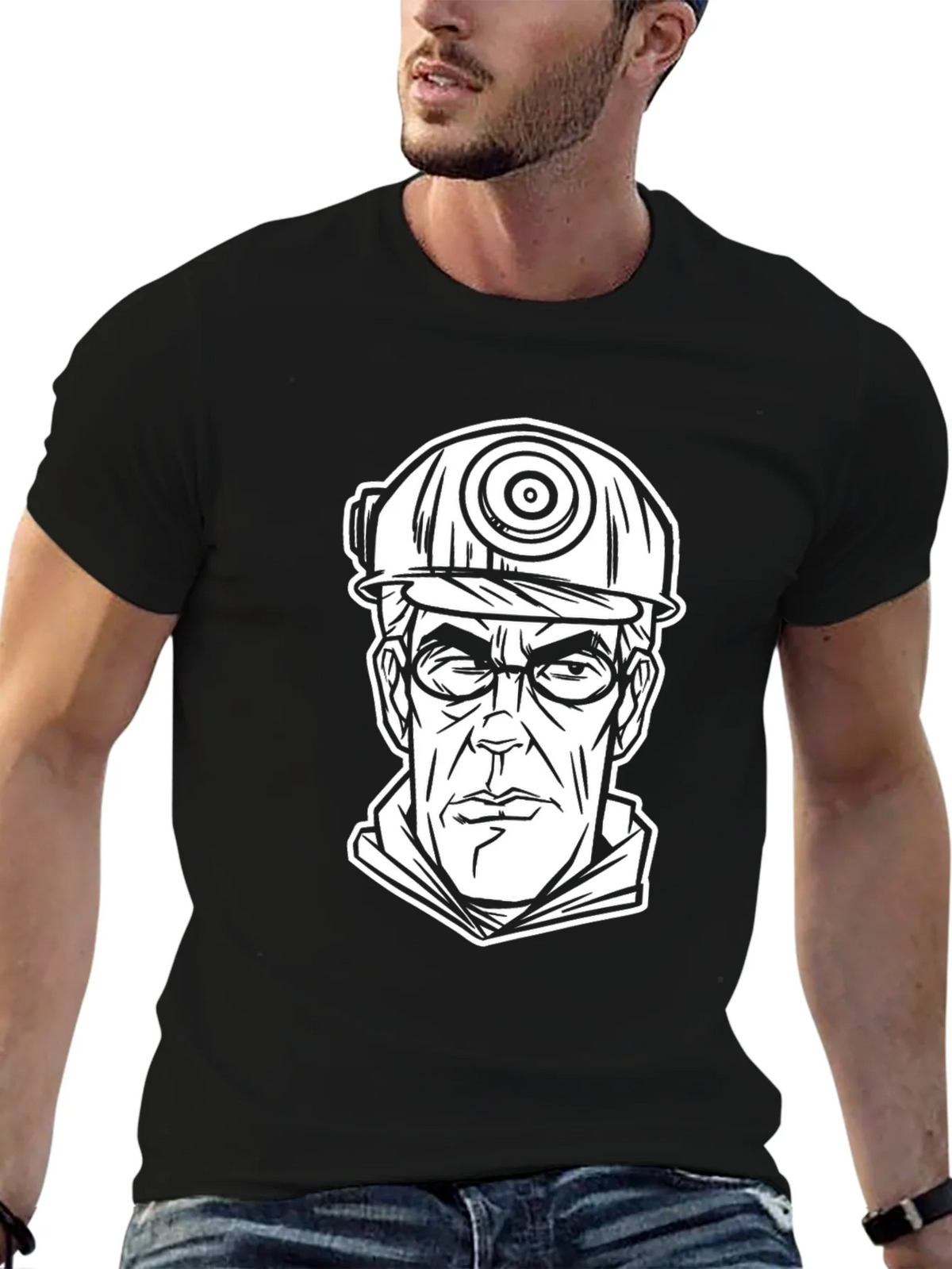 Cartoon Miner Graphic Tee - Black Cotton T-Shirt product image 9
