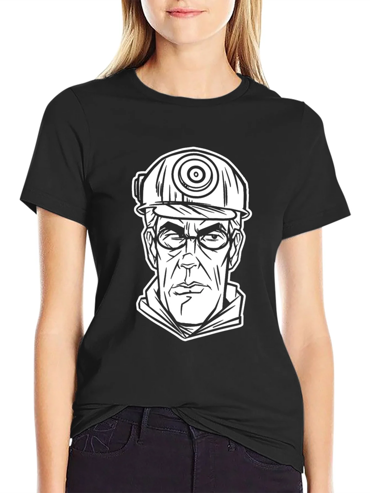 Cartoon Miner Graphic Tee - Black Cotton T-Shirt product image 5
