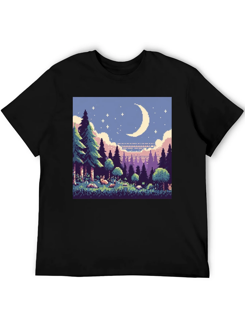 Pixel Art Moonlit Forest Black T-Shirt product image 3