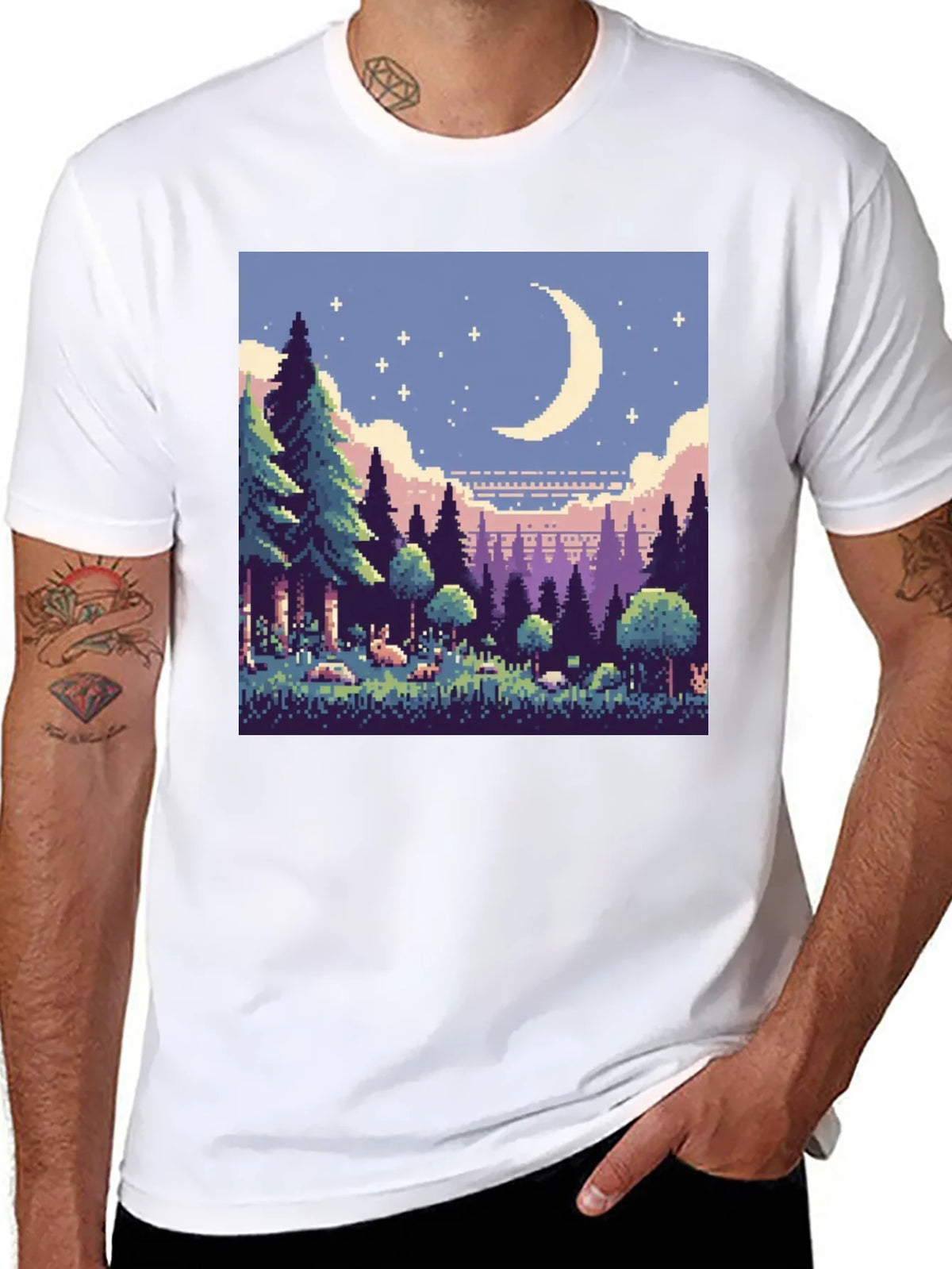 Pixel Art Moonlit Forest Black T-Shirt product image 4