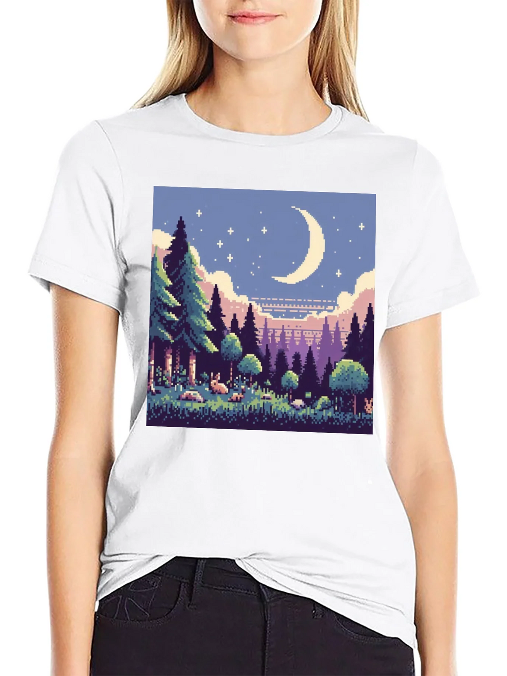 Pixel Art Moonlit Forest Black T-Shirt product image 5