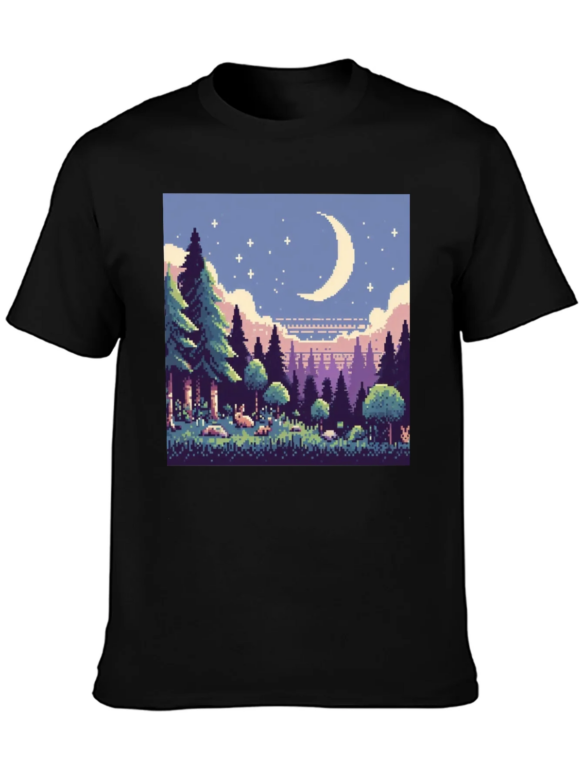 Pixel Art Moonlit Forest Black T-Shirt product image 1