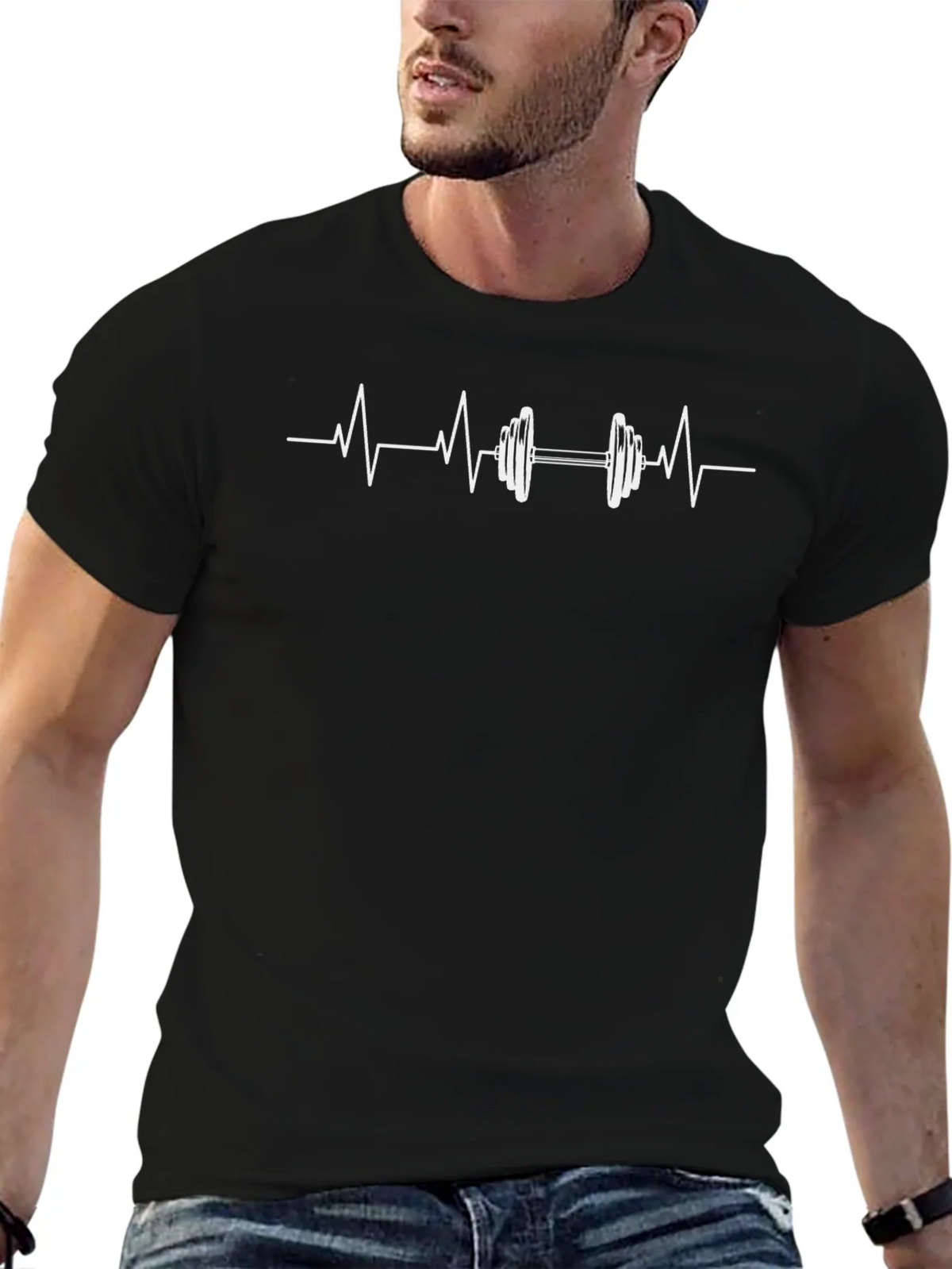 Heartbeat Dumbbell Graphic Tee - Black Cotton Gym Shirt product image 9