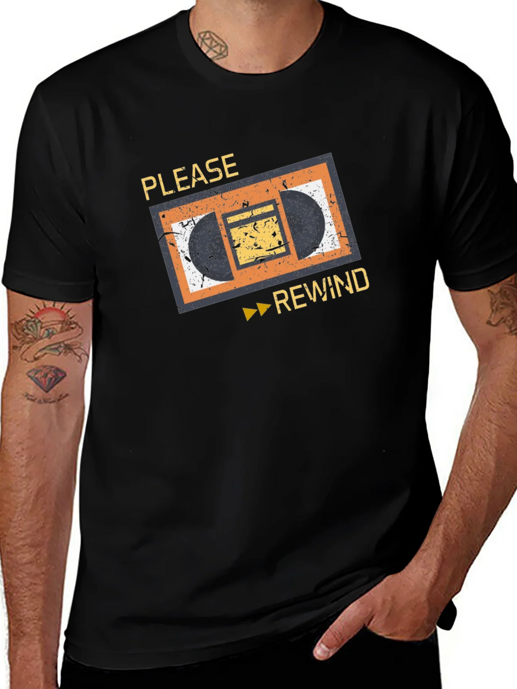 Retro VHS Rewind Graphic Tee - Black Cotton T-Shirt product image 1