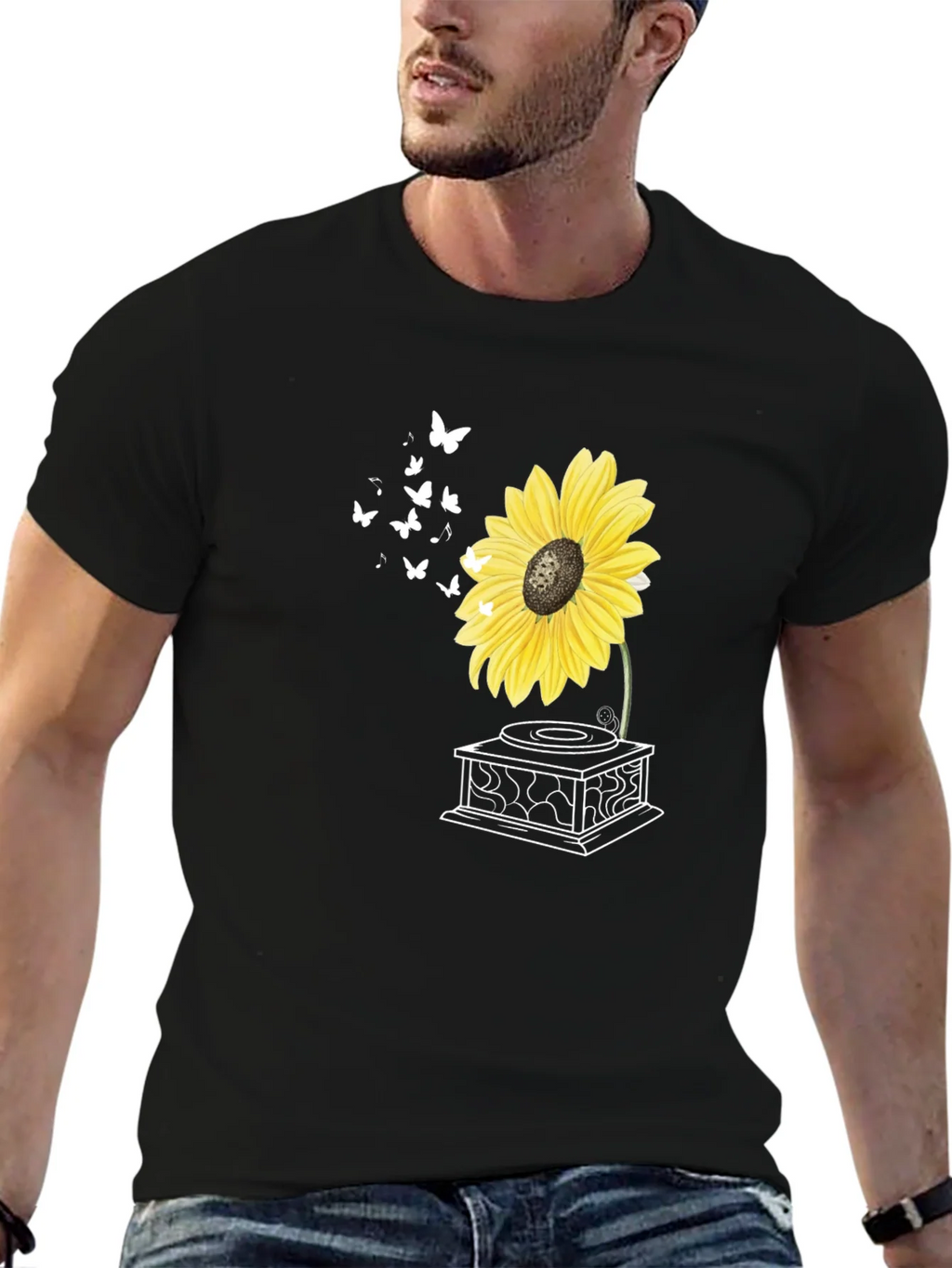 Sunflower Gramophone T-Shirt - Unique Floral Design product image 9