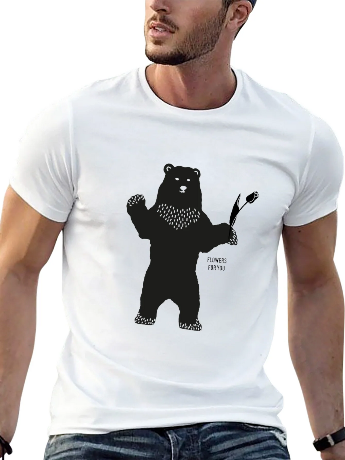 Bear Holding Flower Graphic T-Shirt - Black product image 4