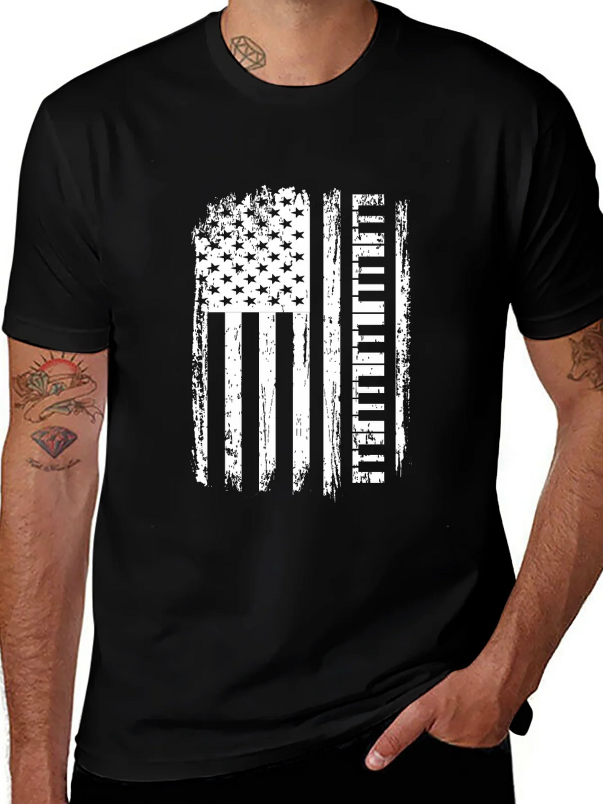 American Flag Piano Player Black T-Shirt product image 1