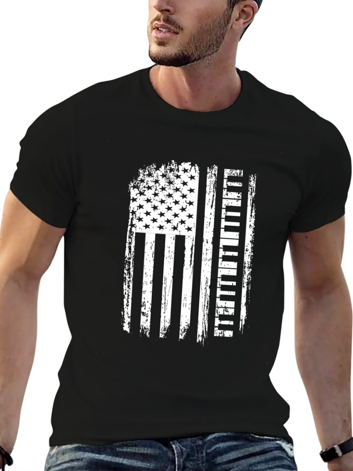 American Flag Piano Player Black T-Shirt product image 9