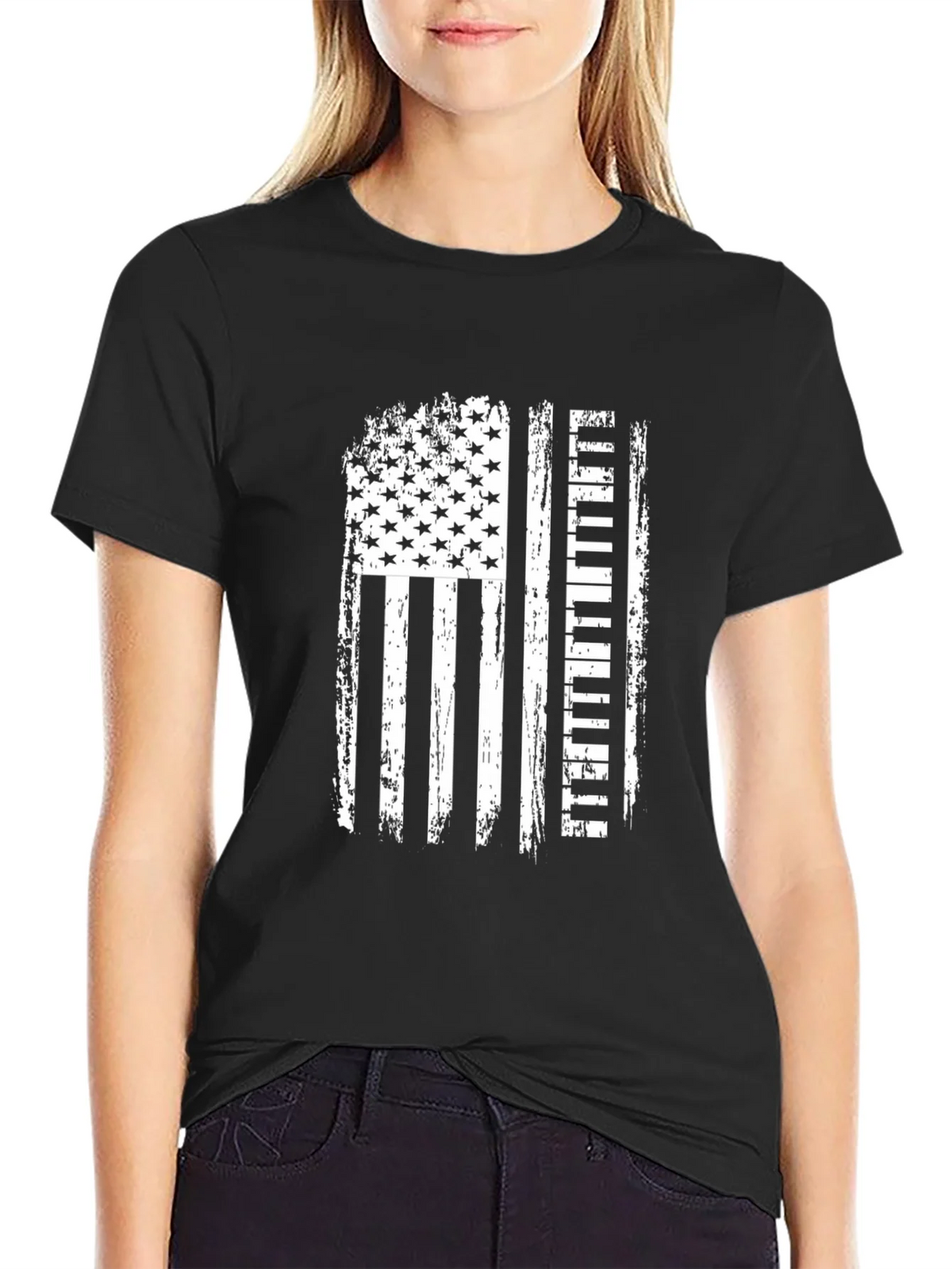 American Flag Piano Player Black T-Shirt product image 5