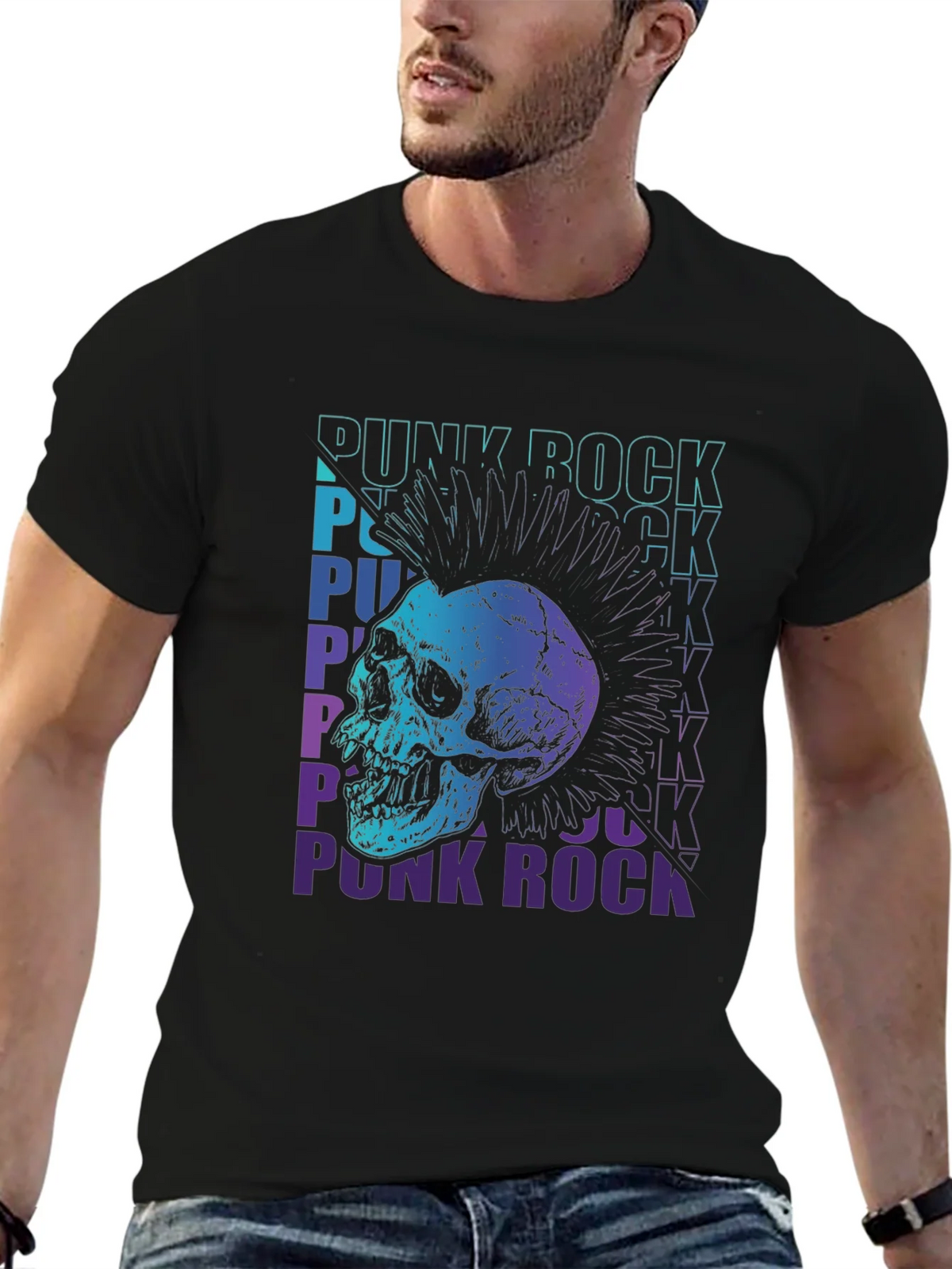 Punk Rock Skull Graphic Tee - Black Cotton T-Shirt product image 9